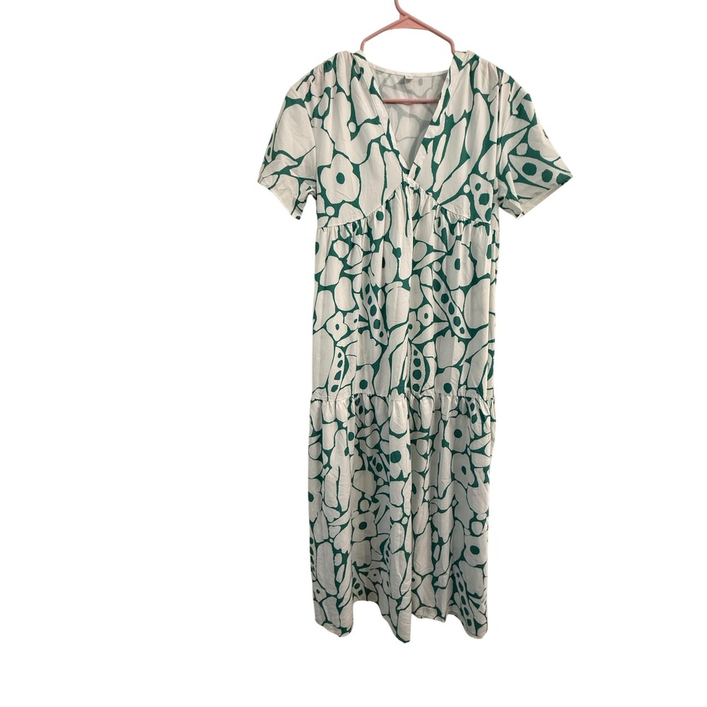 Boutique Womens Small‎ Green White Abstract Floral Tiered Maxi Dress Boho
